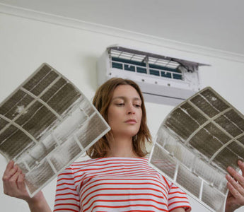 a lady holds 2 dirty air filters 