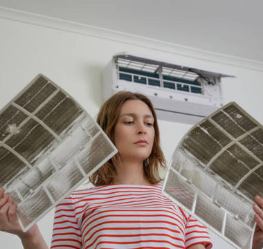 a lady holds 2 dirty air filters 