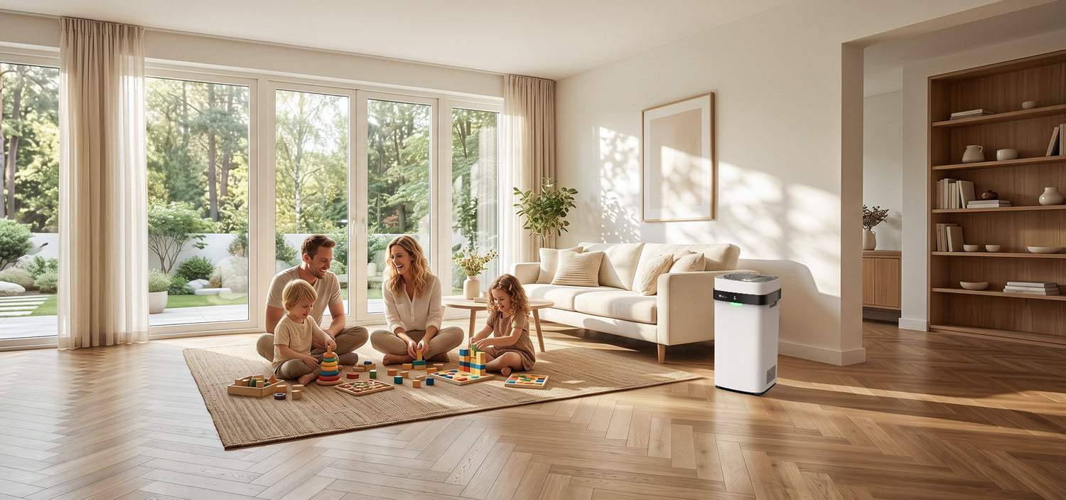 A family of four sits on a rug in a bright, modern living room with herringbone wood floors, playing with toys. A white and black floor-standing Airdog air purifier stands nearby on the right.