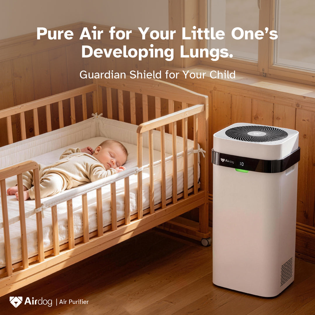 A baby sleeping in a wooden crib next to an Airdog portable air purifier in a warm, wood-paneled nursery. Text overlays read 'Pure Air for Your Little One's Developing Lungs. Guardian Shield for Your Child'