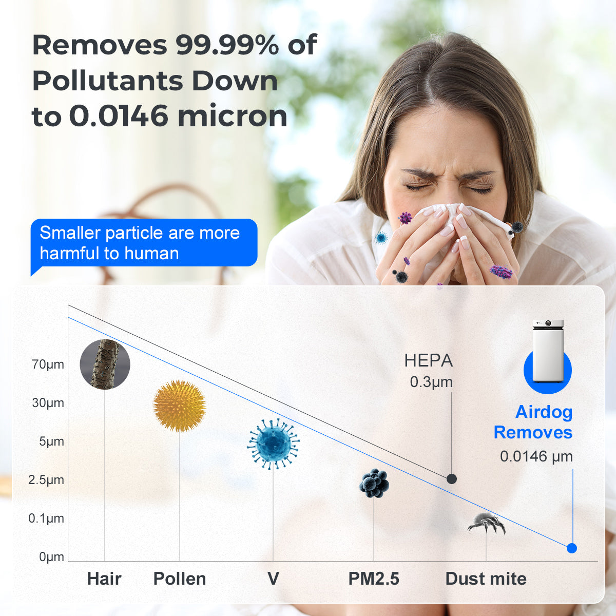 Woman sneezing with infographic demonstrating how the AirDog removes 99.99% of particles as low as .0146 microns, including removing mites, viruses, pollen and hair.