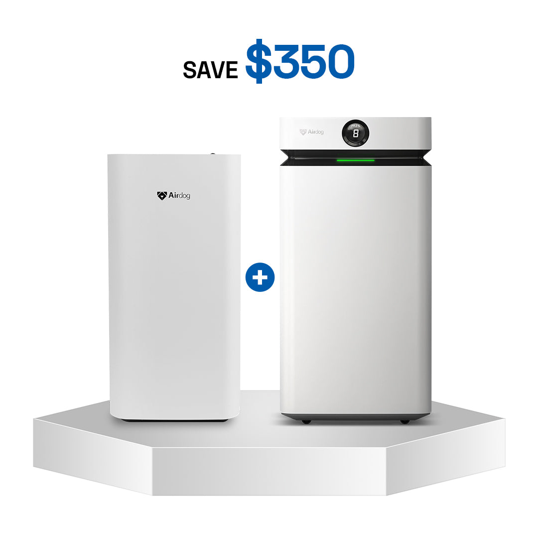 X3 and X8 purifiers on a white platform with 'Save $350' text above.
