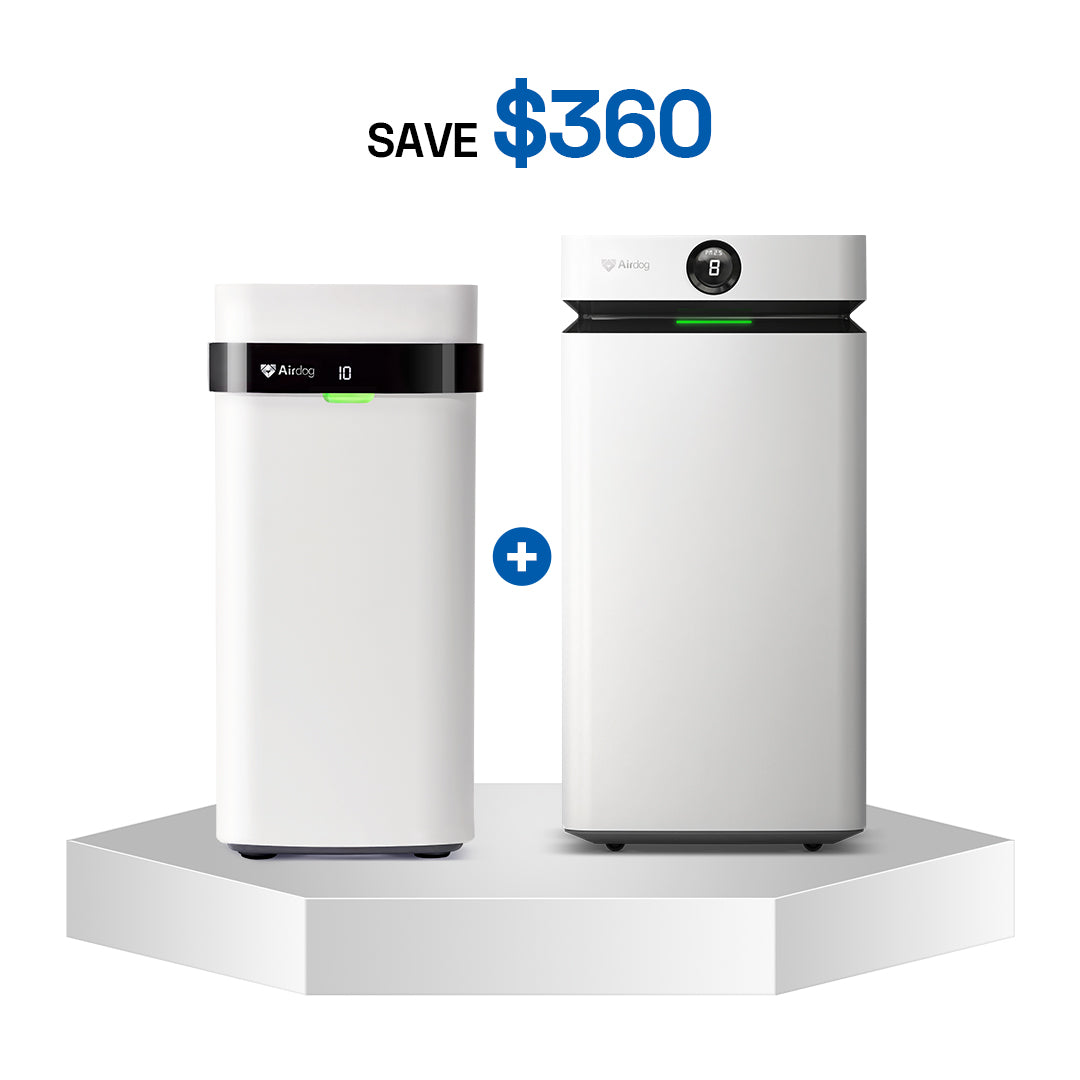 X5 and X8 purifiers on a white platform with 'Save $360' text above.