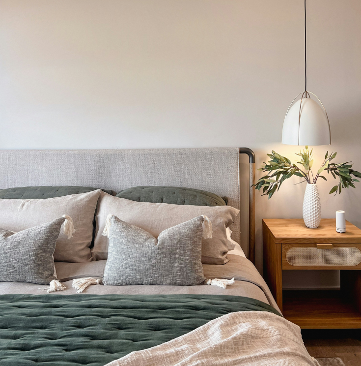 Neatly made bed with decorative pillows and a nightstand with a lamp and plant.